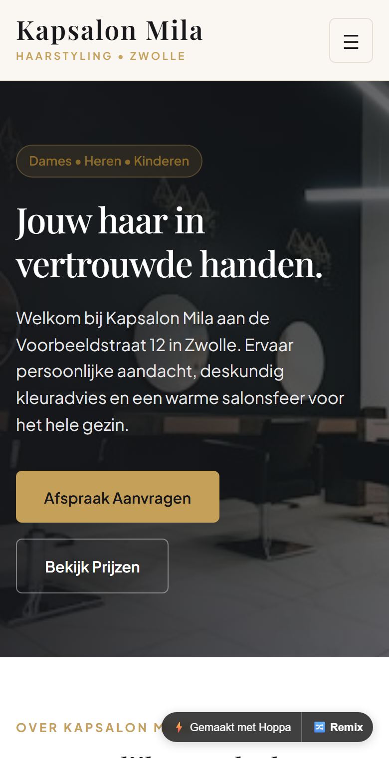 Voorbeeldsite voor een kapsalon, gemaakt met Hoppa