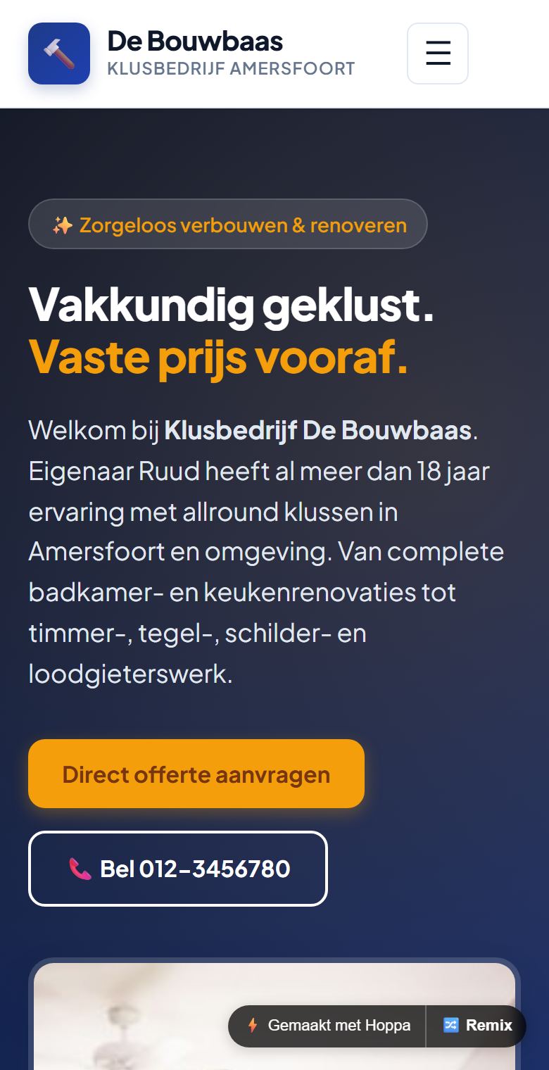Voorbeeld van een klusbedrijf-website gemaakt met Hoppa, op een telefoon